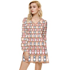 Colorful Whimsical Owl Pattern Tiered Long Sleeve Mini Dress by GardenOfOphir