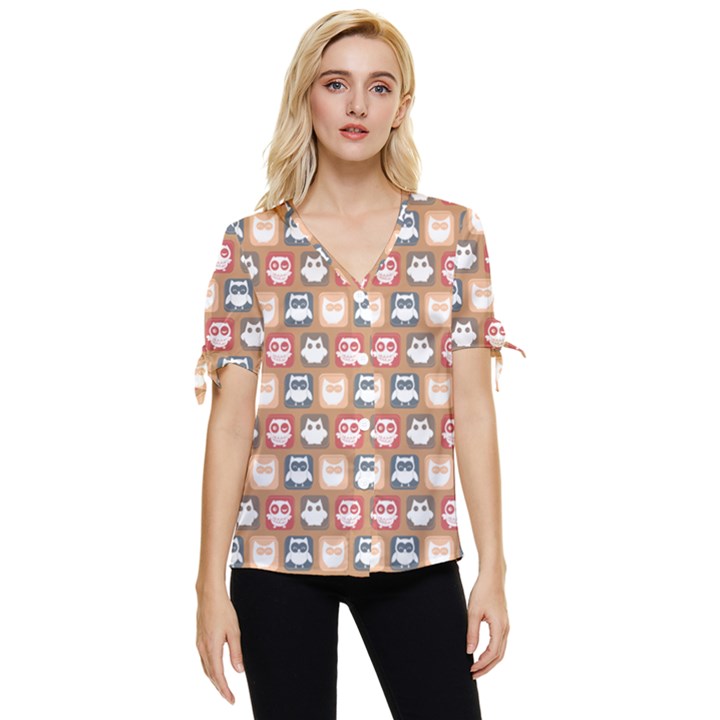 Colorful Whimsical Owl Pattern Bow Sleeve Button Up Top