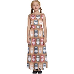 Colorful Whimsical Owl Pattern Kids  Satin Sleeveless Maxi Dress by GardenOfOphir