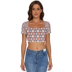 Colorful Whimsical Owl Pattern Short Sleeve Square Neckline Crop Top  by GardenOfOphir