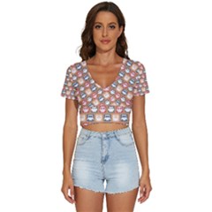 Colorful Whimsical Owl Pattern V-neck Crop Top by GardenOfOphir