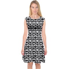 Black And White Owl Pattern Capsleeve Midi Dress by GardenOfOphir