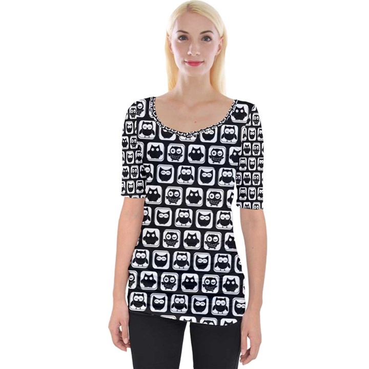 Black And White Owl Pattern Wide Neckline Tee