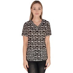 Black And White Owl Pattern Women s V-neck Scrub Top by GardenOfOphir