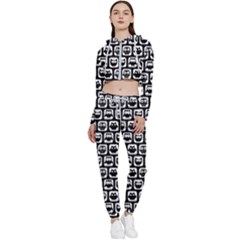 Black And White Owl Pattern Cropped Zip Up Lounge Set by GardenOfOphir