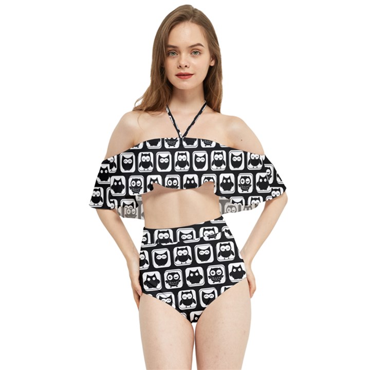 Black And White Owl Pattern Halter Flowy Bikini Set 