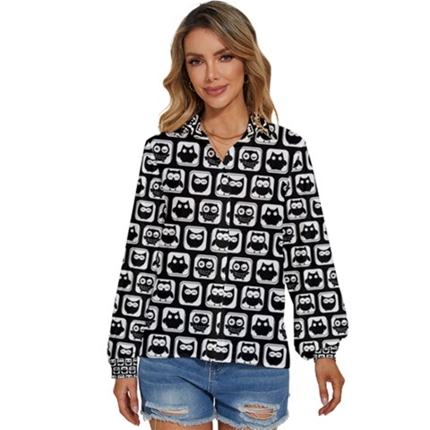 Black And White Owl Pattern Women s Long Sleeve Button Down Shirt by GardenOfOphir