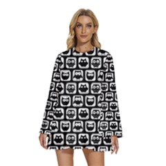 Black And White Owl Pattern Round Neck Long Sleeve Bohemian Style Chiffon Mini Dress