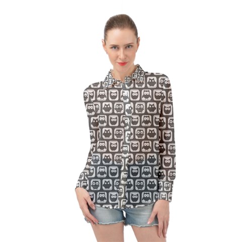 Gray And White Owl Pattern Long Sleeve Chiffon Shirt by GardenOfOphir