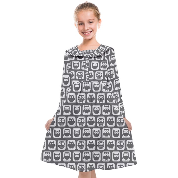 Gray And White Owl Pattern Kids  Midi Sailor Dress