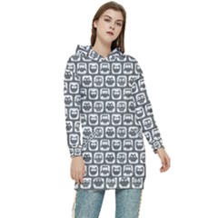 Gray And White Owl Pattern Women s Long Oversized Pullover Hoodie by GardenOfOphir