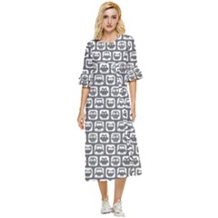 Gray And White Owl Pattern Double Cuff Midi Dress by GardenOfOphir