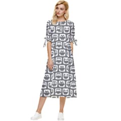 Gray And White Owl Pattern Bow Sleeve Chiffon Midi Dress by GardenOfOphir