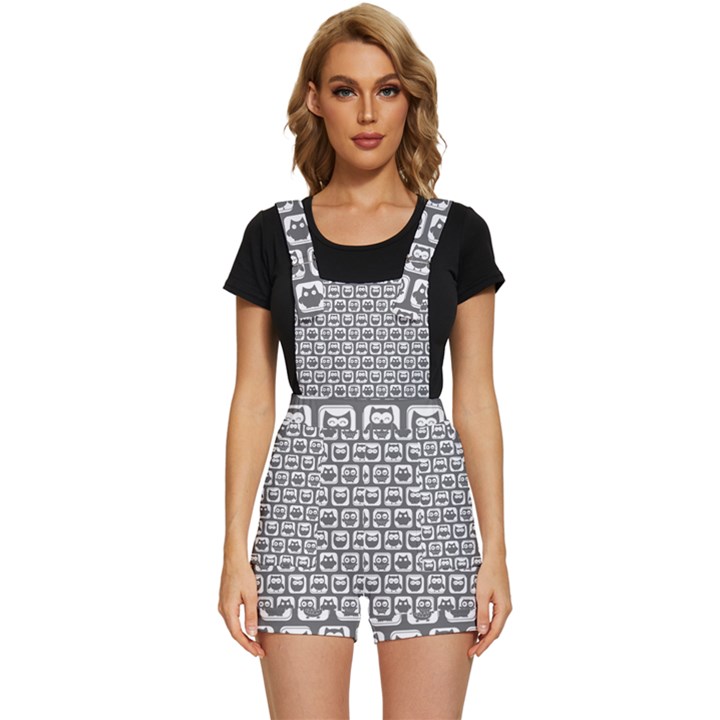 Gray And White Owl Pattern Short Overalls