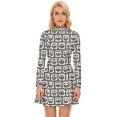 Gray And White Owl Pattern Long Sleeve Velour Longline Dress by GardenOfOphir