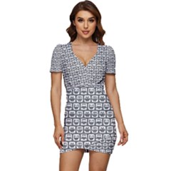 Gray And White Owl Pattern Low Cut Cap Sleeve Mini Dress by GardenOfOphir