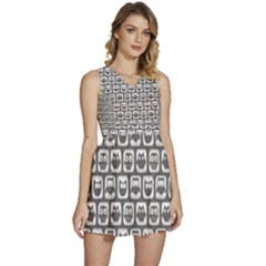 Gray And White Owl Pattern Sleeveless High Waist Mini Dress