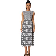 Gray And White Owl Pattern Sleeveless Round Neck Midi Dress by GardenOfOphir