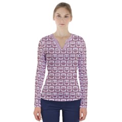 Light Pink And White Owl Pattern V-neck Long Sleeve Top by GardenOfOphir