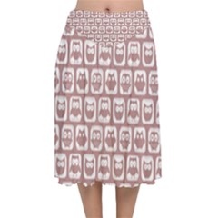 Light Pink And White Owl Pattern Velvet Flared Midi Skirt by GardenOfOphir