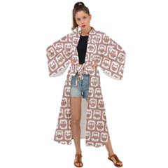 Light Pink And White Owl Pattern Maxi Kimono by GardenOfOphir