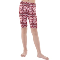 Red And White Owl Pattern Kids  Mid Length Swim Shorts by GardenOfOphir