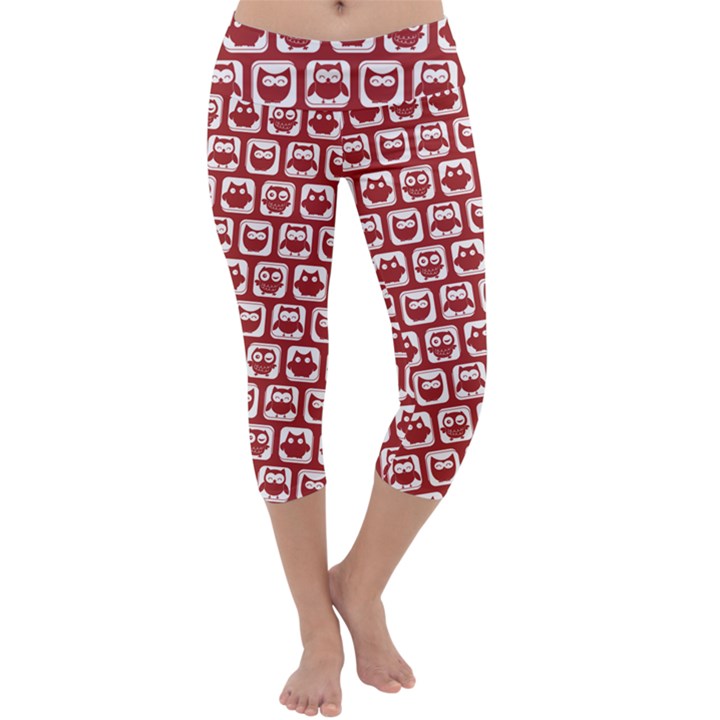 Red And White Owl Pattern Capri Yoga Leggings