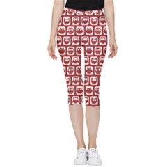 Red And White Owl Pattern Inside Out Lightweight Velour Capri Leggings  by GardenOfOphir