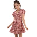 Red And White Owl Pattern Flutter Sleeve Wrap Dress View1