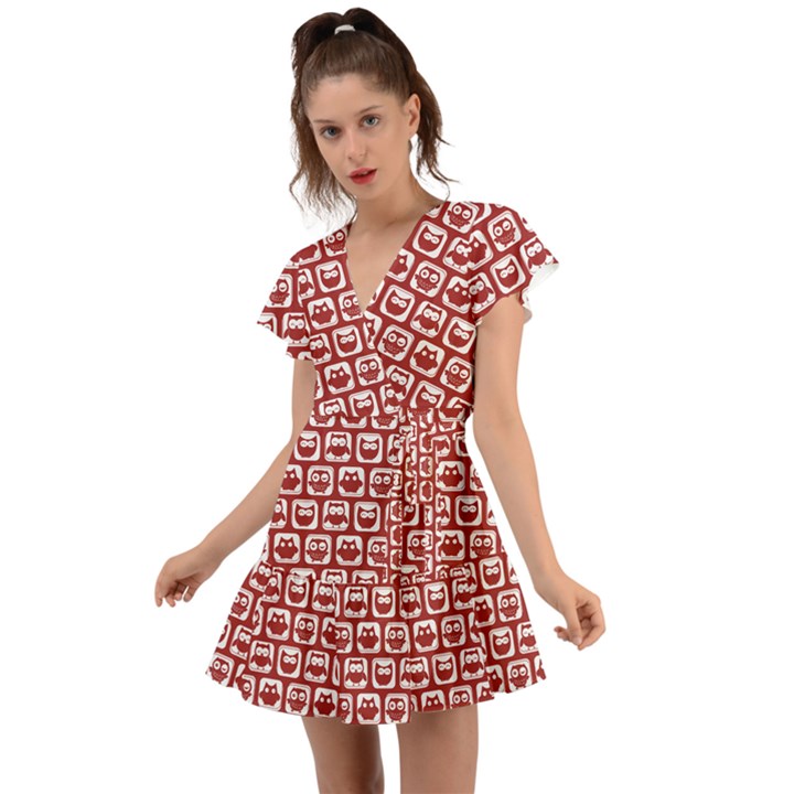 Red And White Owl Pattern Flutter Sleeve Wrap Dress