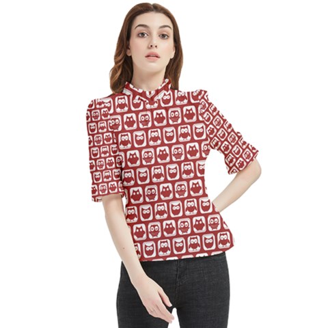 Red And White Owl Pattern Frill Neck Blouse by GardenOfOphir