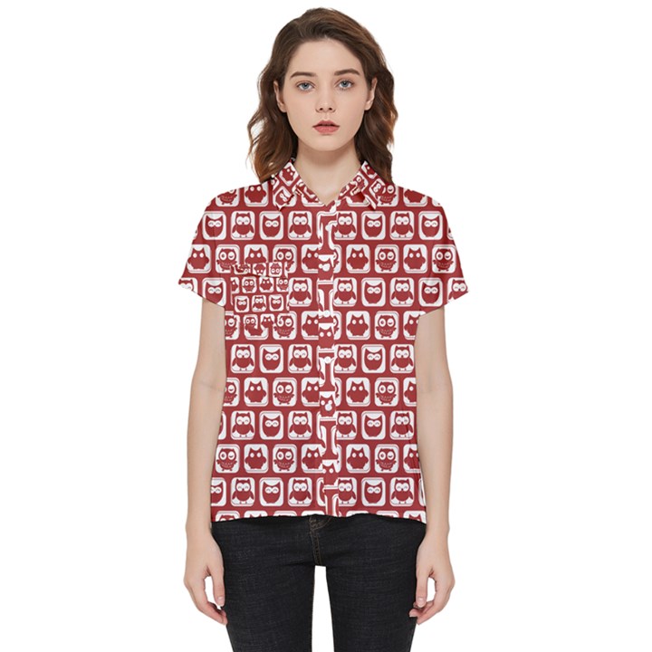 Red And White Owl Pattern Short Sleeve Pocket Shirt