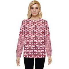 Red And White Owl Pattern Hidden Pocket Sweatshirt by GardenOfOphir