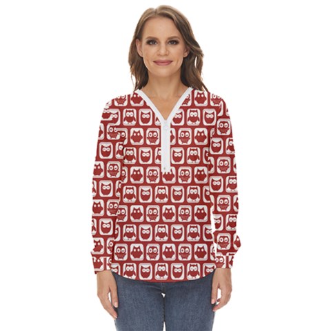 Red And White Owl Pattern Zip Up Long Sleeve Blouse by GardenOfOphir