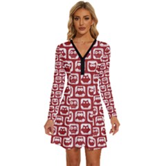 Red And White Owl Pattern Long Sleeve Deep V Mini Dress  by GardenOfOphir