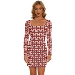 Red And White Owl Pattern Long Sleeve Square Neck Bodycon Velvet Dress by GardenOfOphir