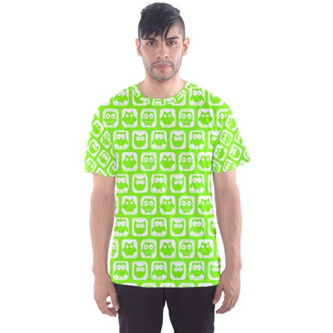 Lime Green And White Owl Pattern Men s Sport Mesh Tee by GardenOfOphir