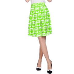 Lime Green And White Owl Pattern A-line Skirt by GardenOfOphir