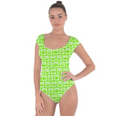 Lime Green And White Owl Pattern Short Sleeve Leotard  by GardenOfOphir