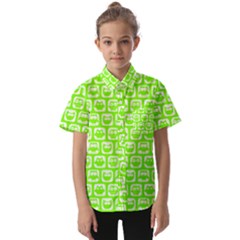 Lime Green And White Owl Pattern Kids  Short Sleeve Shirt by GardenOfOphir