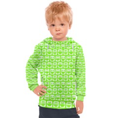 Lime Green And White Owl Pattern Kids  Hooded Pullover by GardenOfOphir