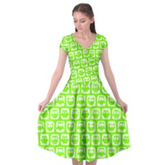 Lime Green And White Owl Pattern Cap Sleeve Wrap Front Dress by GardenOfOphir