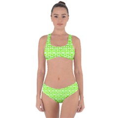 Lime Green And White Owl Pattern Criss Cross Bikini Set by GardenOfOphir