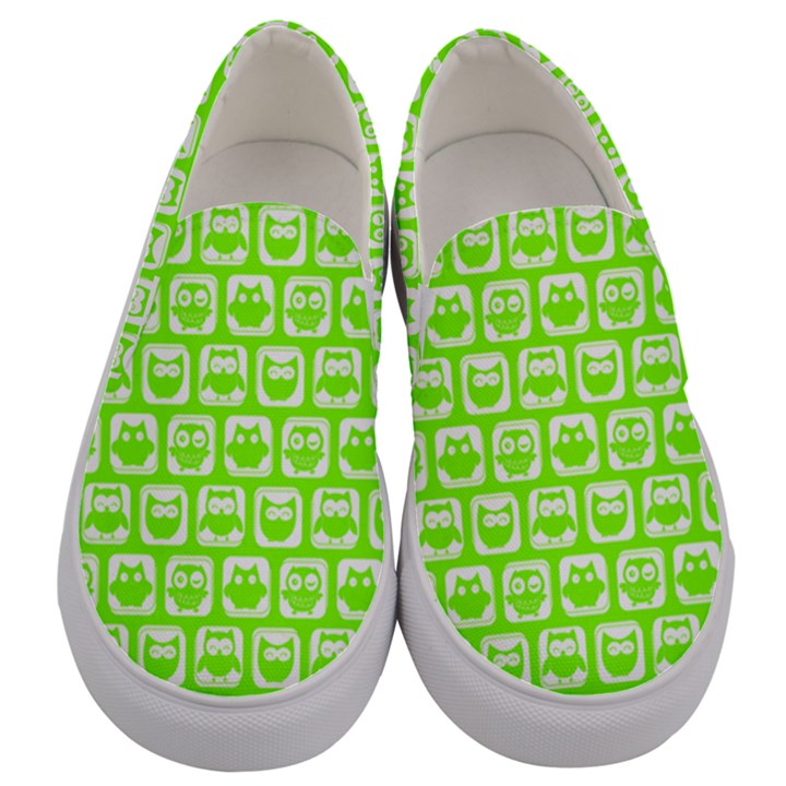 Lime Green And White Owl Pattern Men s Canvas Slip Ons