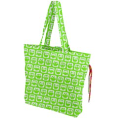 Lime Green And White Owl Pattern Drawstring Tote Bag