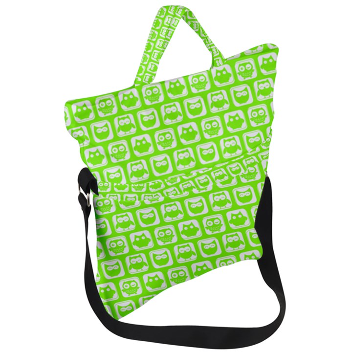 Lime Green And White Owl Pattern Fold Over Handle Tote Bag