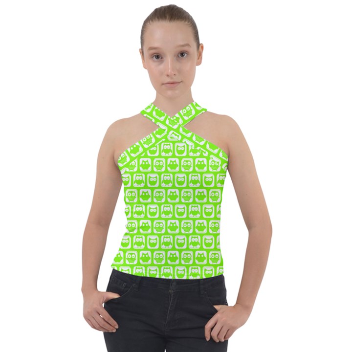 Lime Green And White Owl Pattern Cross Neck Velour Top