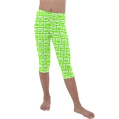 Lime Green And White Owl Pattern Kids  Lightweight Velour Capri Leggings  by GardenOfOphir