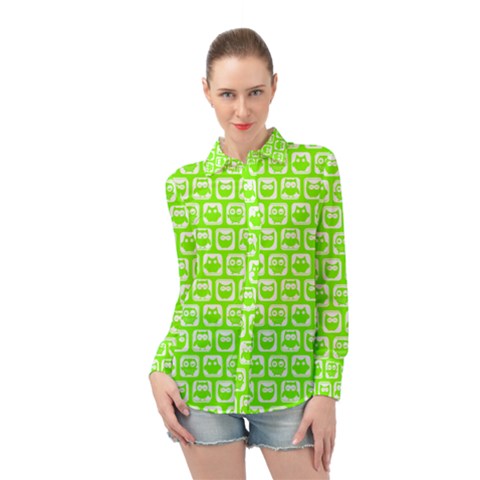 Lime Green And White Owl Pattern Long Sleeve Chiffon Shirt by GardenOfOphir