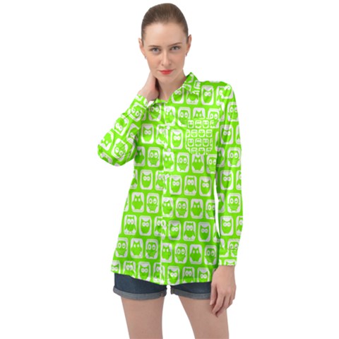 Lime Green And White Owl Pattern Long Sleeve Satin Shirt by GardenOfOphir